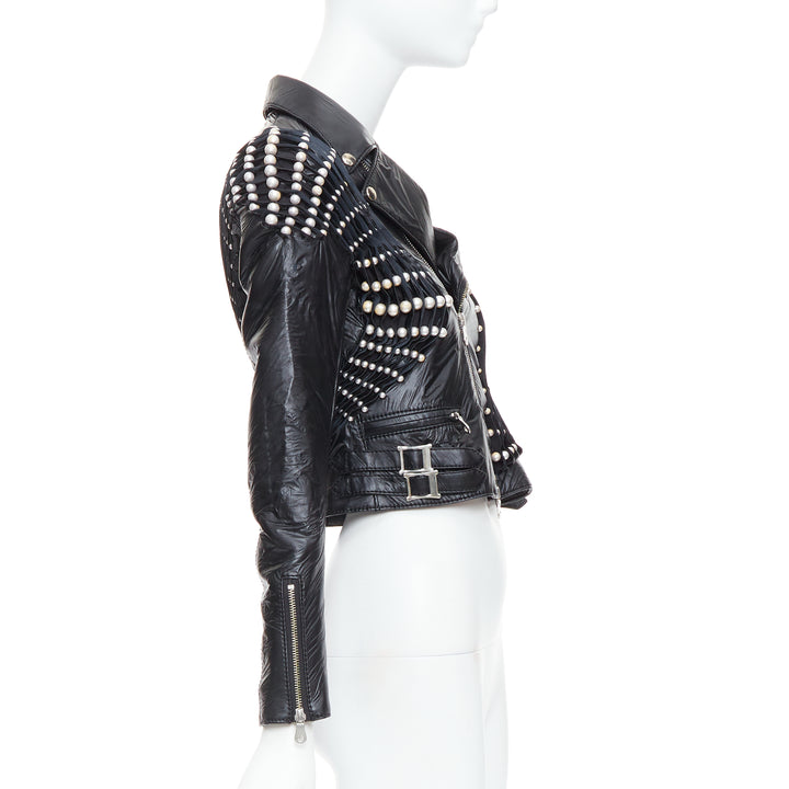 NOIR KEI NINOMIYA 2014 black faux leather pearl bead cropped jacket S