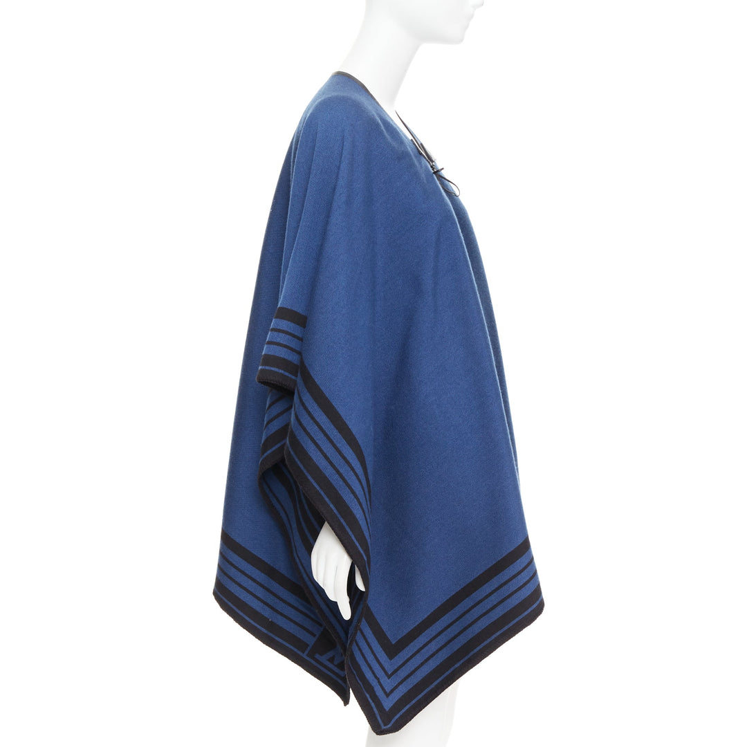 LOUIS VUITTON blue cashmere blend black leather tassel LV logo poncho