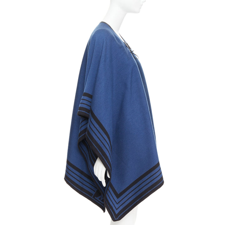 LOUIS VUITTON blue cashmere blend black leather tassel LV logo poncho