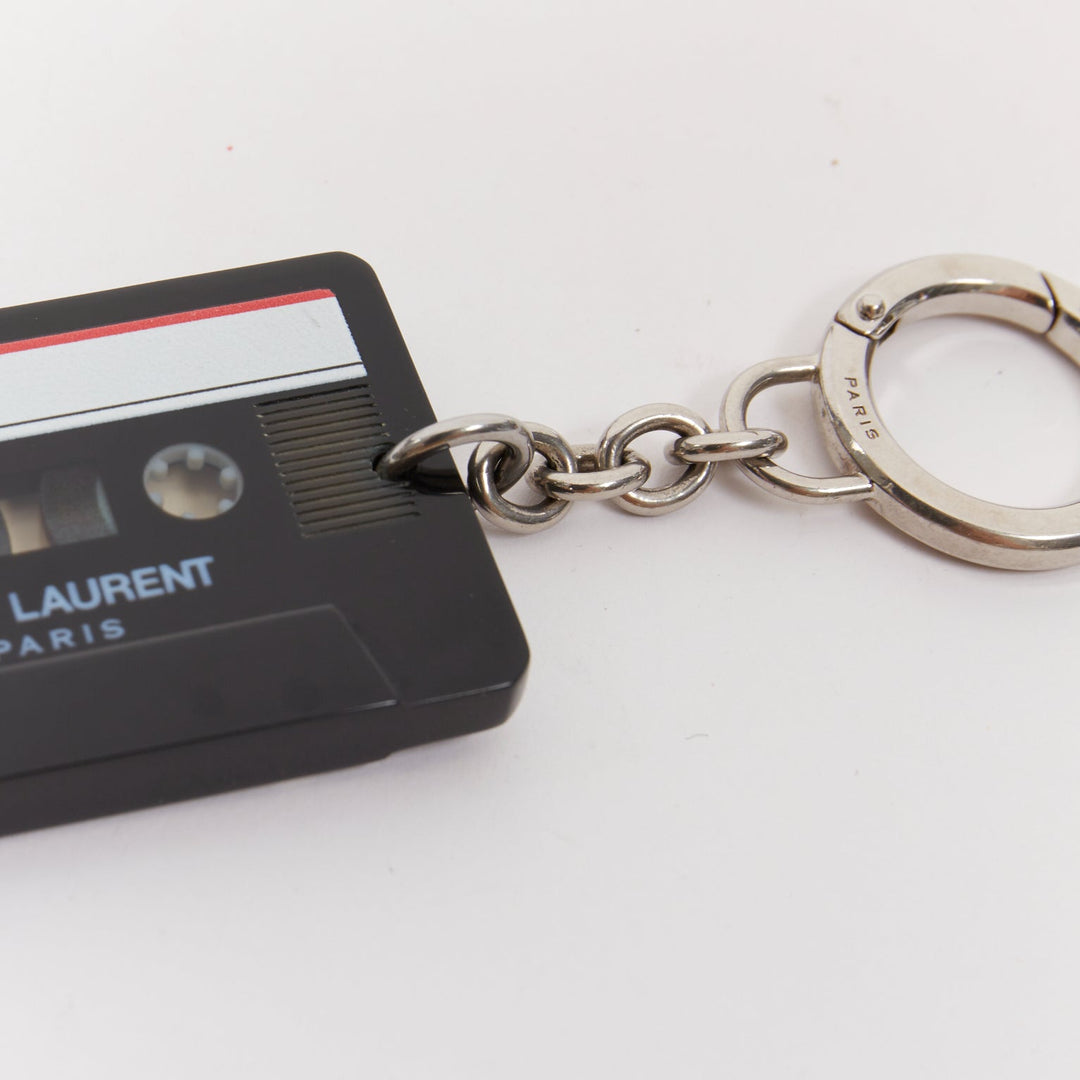 SAINT LAURENT cassette tape black plexi brass logo keyring bag charm pendant