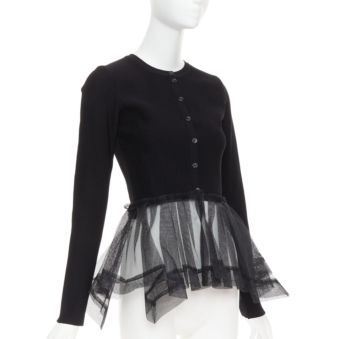 ALEXANDER MCQUEEN 2023 black ribbed stiff sheer tulle peplum cardigan sweater S