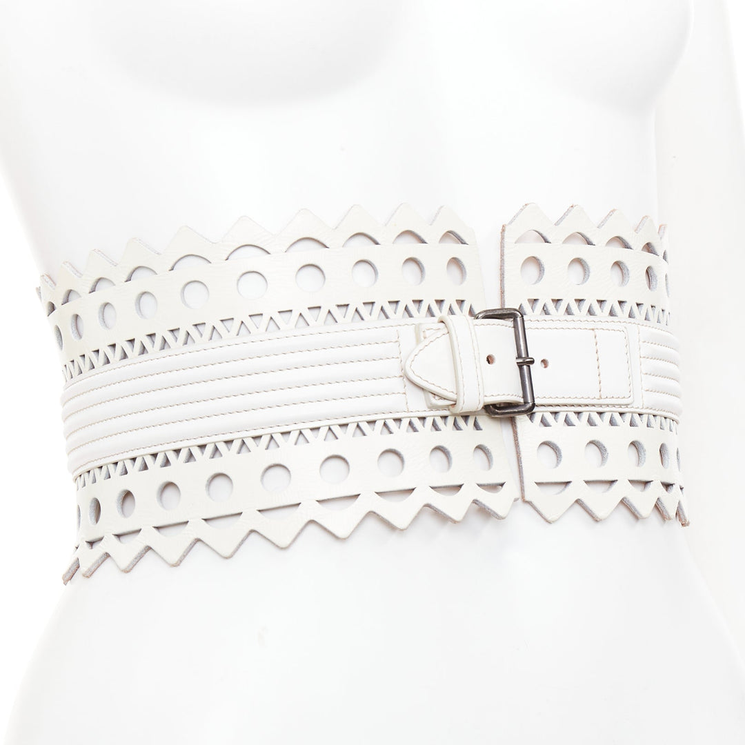 ALAIA Vienne white leather laser cut cinched corset wide belt 65cm
