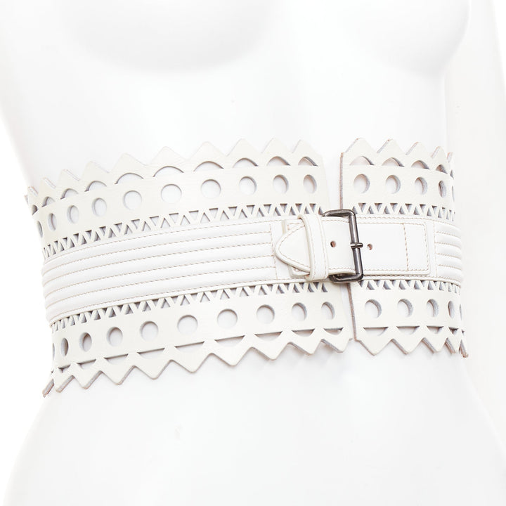 ALAIA Vienne white leather laser cut cinched corset wide belt 65cm