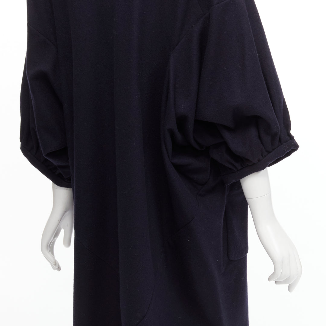 Female mannequin wearing Comme Des Garcons by Rei Kawakubo 2013 Navy Wool Women Casual Dress in Size  S | Available at JHROP