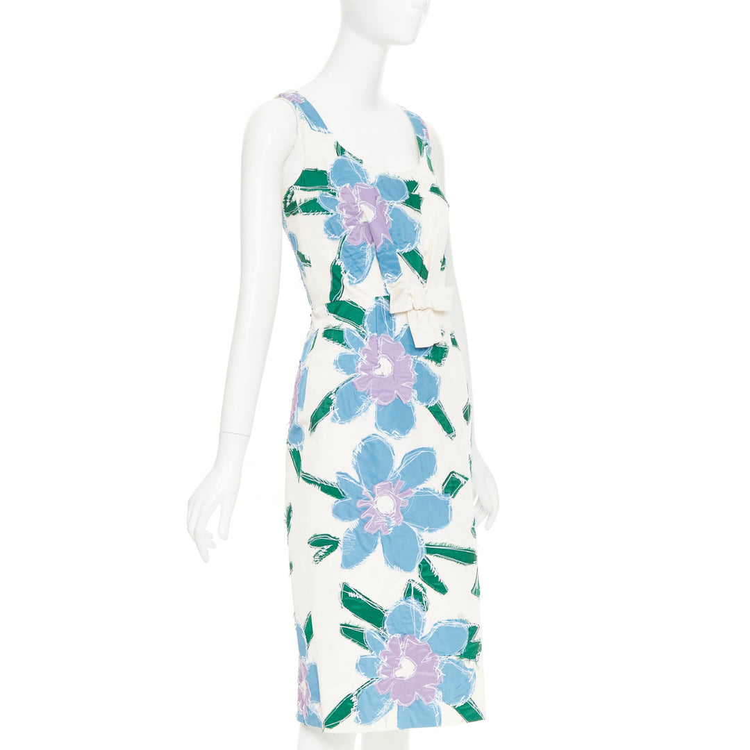PRADA 2016 cream blue green silk overstitch patchwork floral bow dress IT38 XS