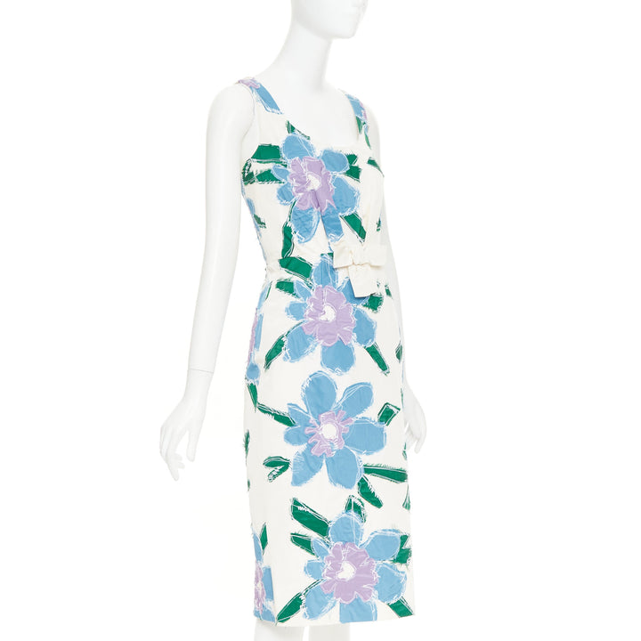 PRADA 2016 cream blue green silk overstitch patchwork floral bow dress IT38 XS