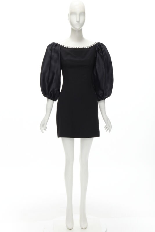 RASARIO black crystal embellished neckline puff balloon sleeves dress FR36 S