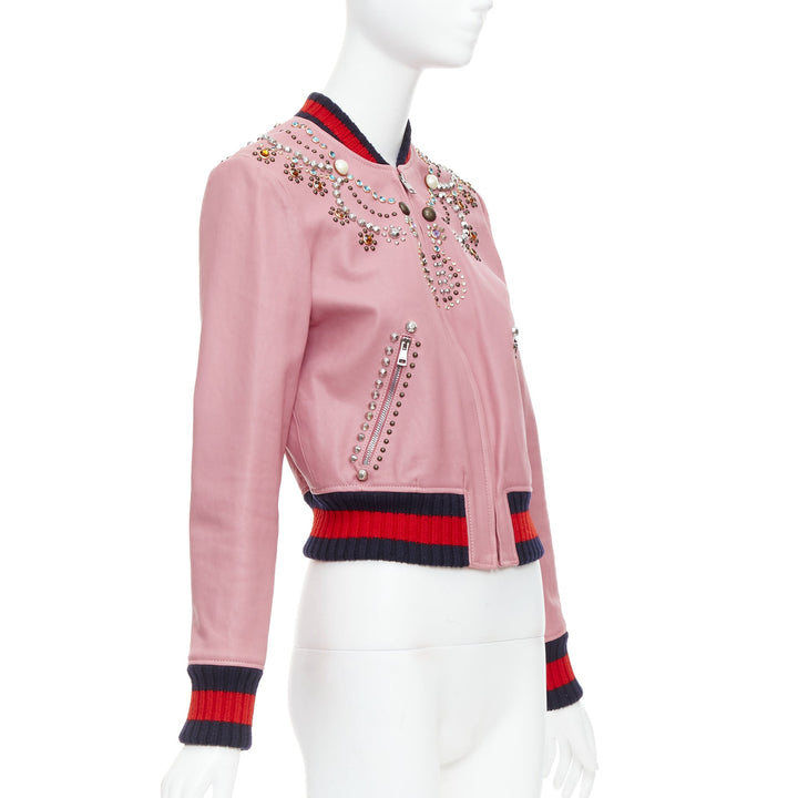 GUCCI pink lambskin pearl embellished web trim crop bomber IT40 S