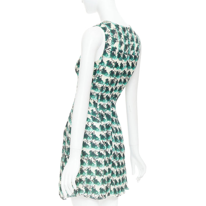 TANYA TAYLOR green cream silk abstract print sleeveless A-line dress US0 XS