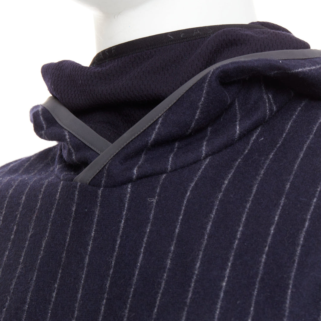 SEASE Drone Hood navy virgin wool cashmere pinstripe trimmed hoodie S