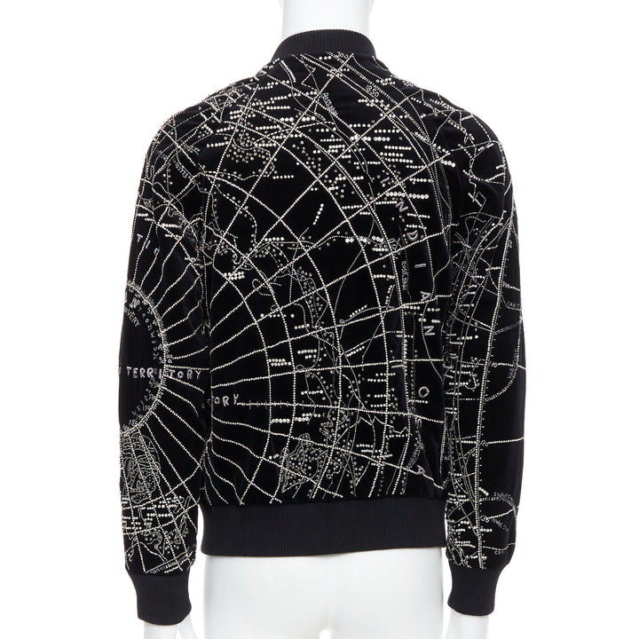 BALMAIN Broderie black map crystal bead embroidery velvet bomber jacket FR48