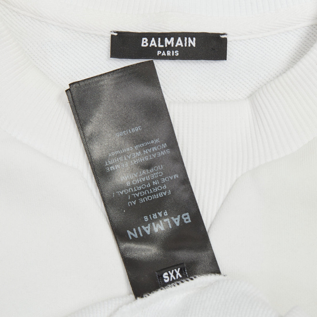 BALMAIN white cotton black flocked coin medallion logo raglan sweatshirt XXS