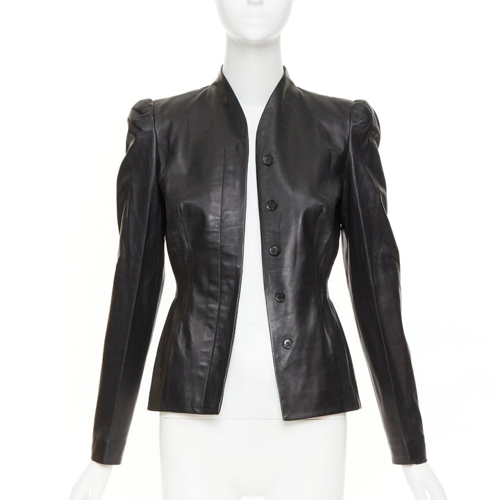 GUCCI Tom Ford Vintage black lambskin leather ruched shoulders jacket IT40 S