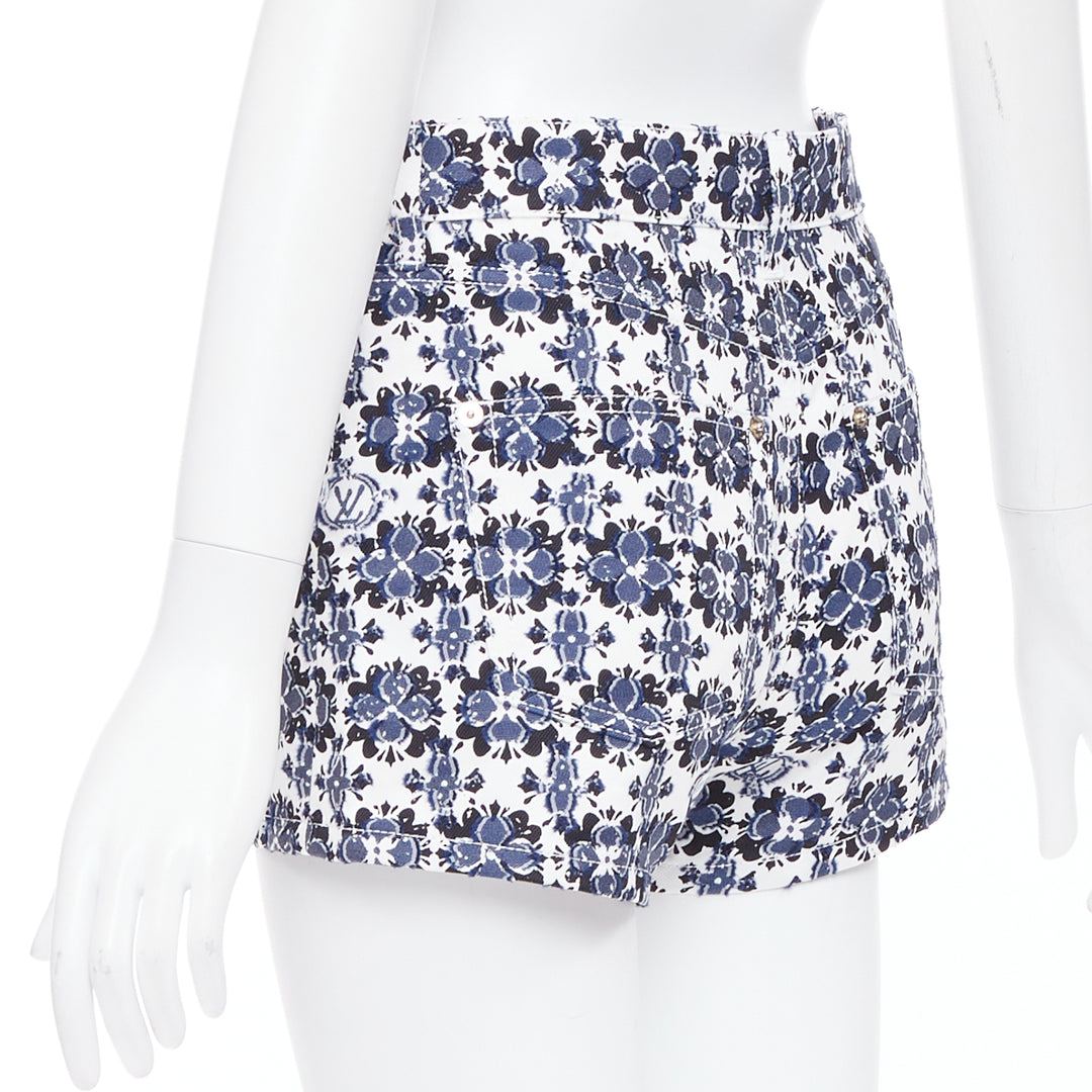LOUIS VUITTON Flower Mosaic blue white logo floral print cotton shorts FR34 XS