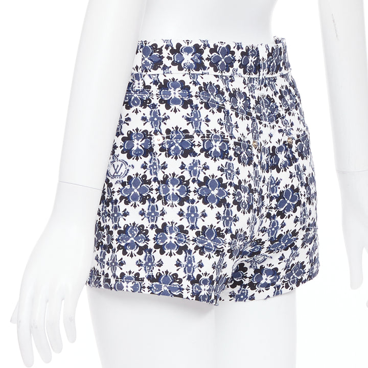 LOUIS VUITTON Flower Mosaic blue white logo floral print cotton shorts FR34 XS