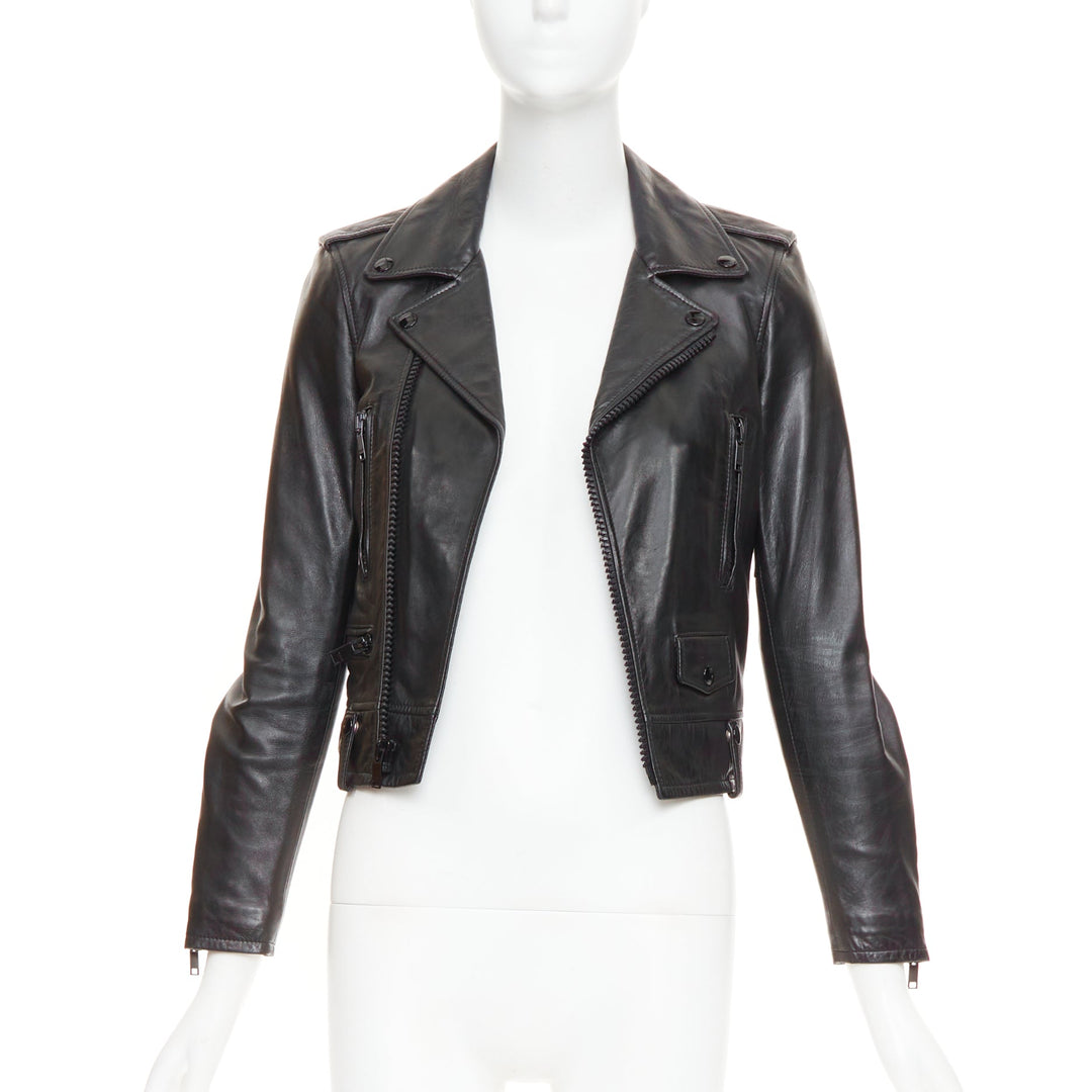 SAINT LAURENT 2015 black lambskin leather crop asymmetric biker jacket FR34 XS