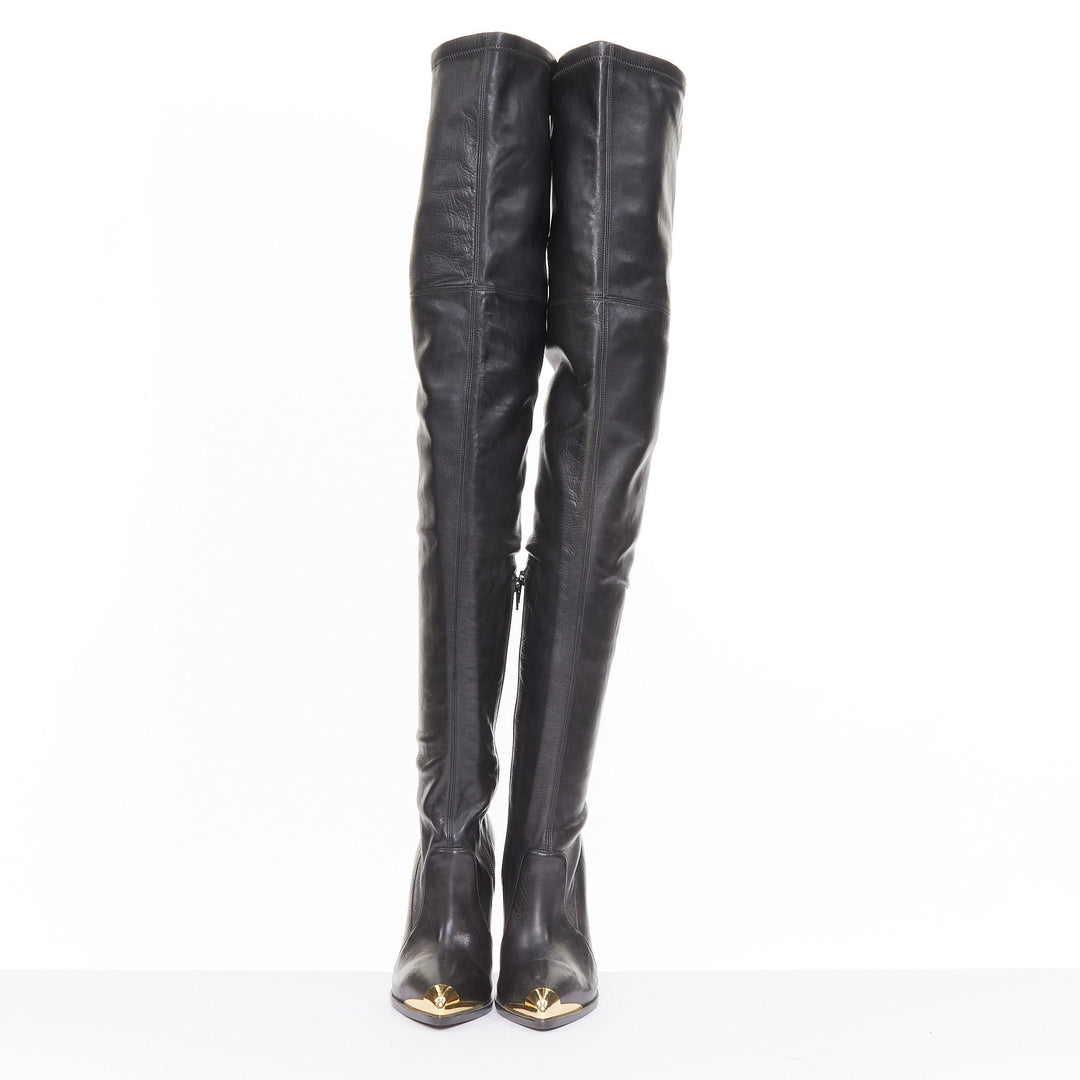 VERSACE 2014 Runway gold metal cap toe black leather thigh high boots EU37 US7