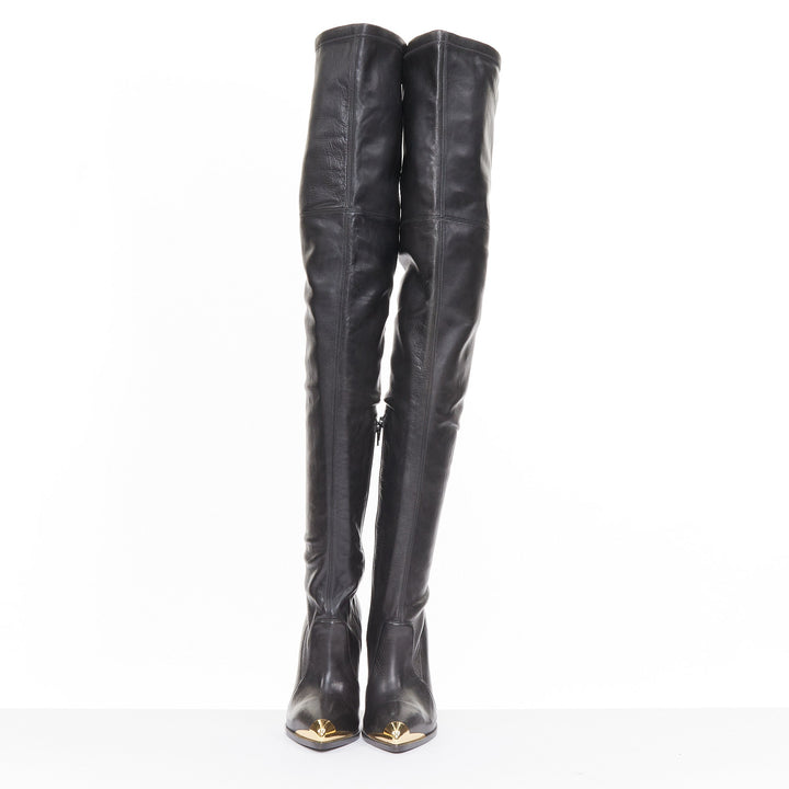 VERSACE 2014 Runway gold metal cap toe black leather thigh high boots EU37 US7