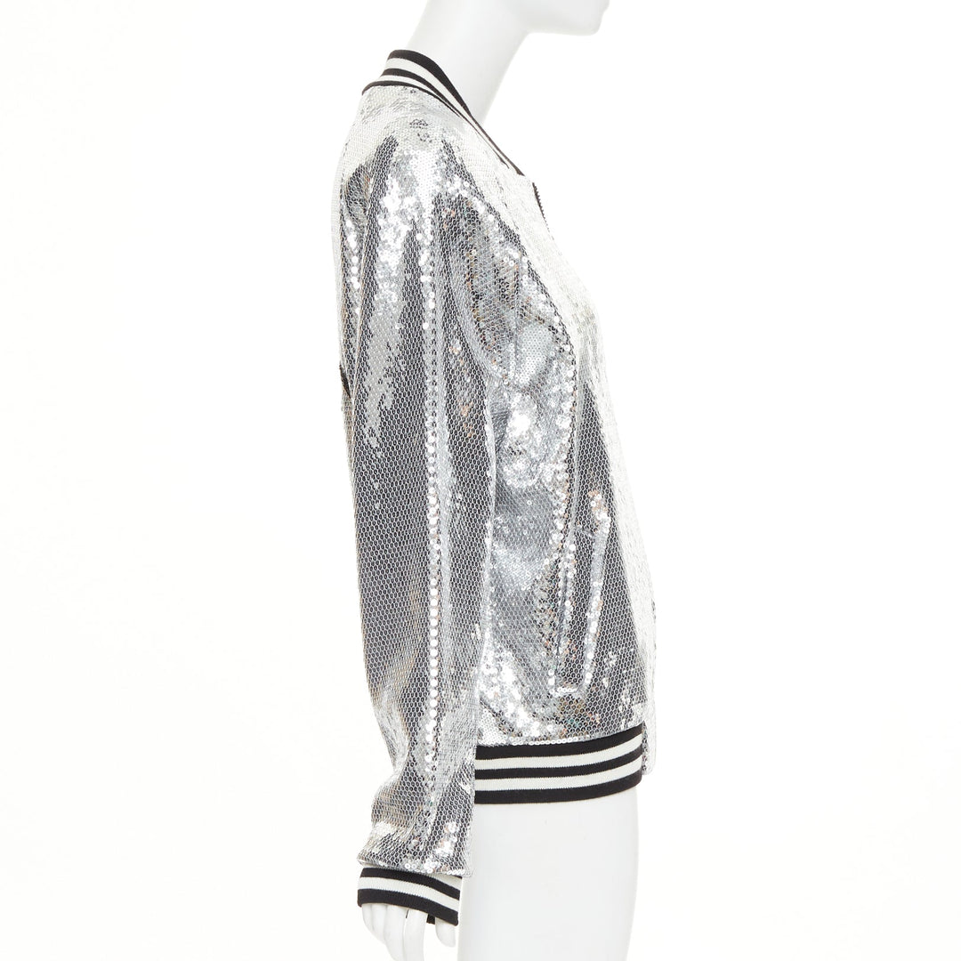 CELINE 2021 Runway silver sequin cotton black white logo teddy bomber jacket XS