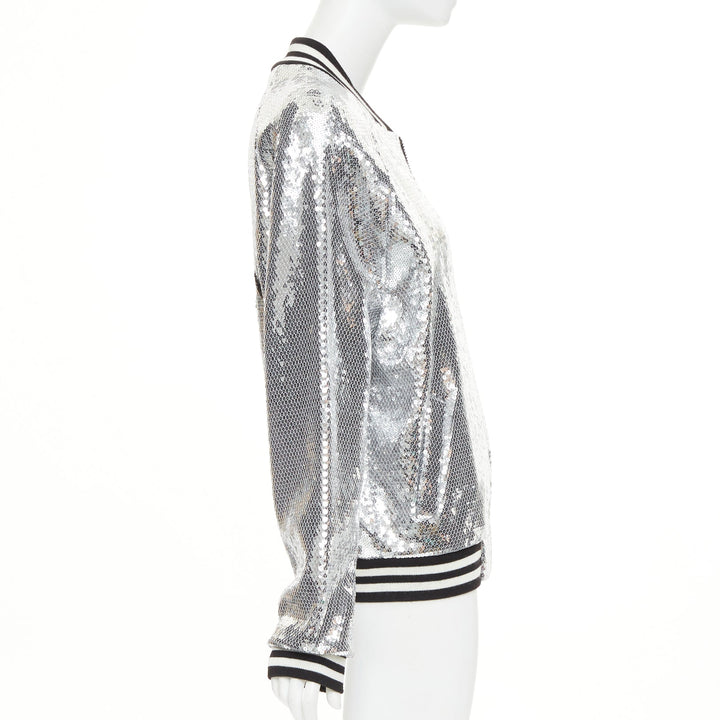 CELINE 2021 Runway silver sequin cotton black white logo teddy bomber jacket XS
