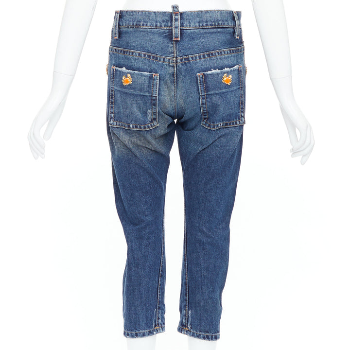 DSQUARED2 Vintage orange crab button logo blue denim cropped jeans IT38 XS