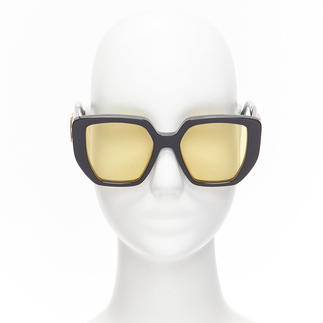 GUCCI GG0956S black gold GG logo yellow lens oversized sunglasses
