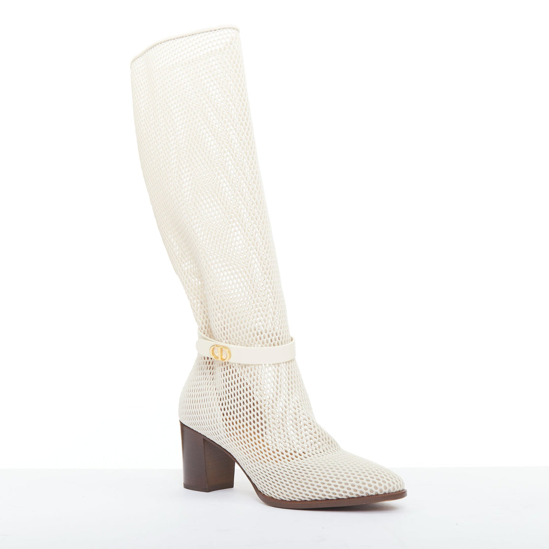 CHRISTIAN DIOR 2020 Empreinte Montaigne 70mm ivory perforated mesh boots EU38.5
