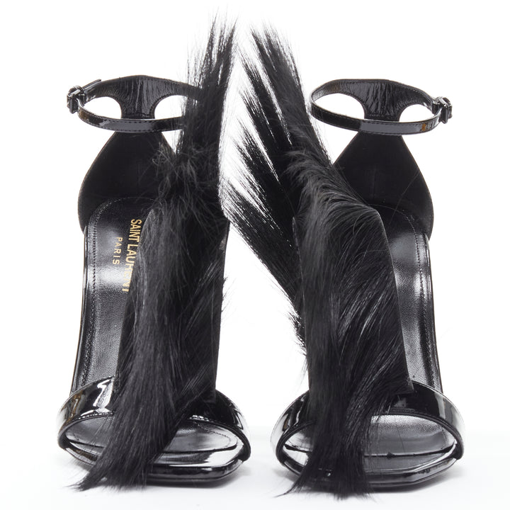 SAINT LAURENT Jamie 110 Runway black fur mohawk patent sandals EU37.5