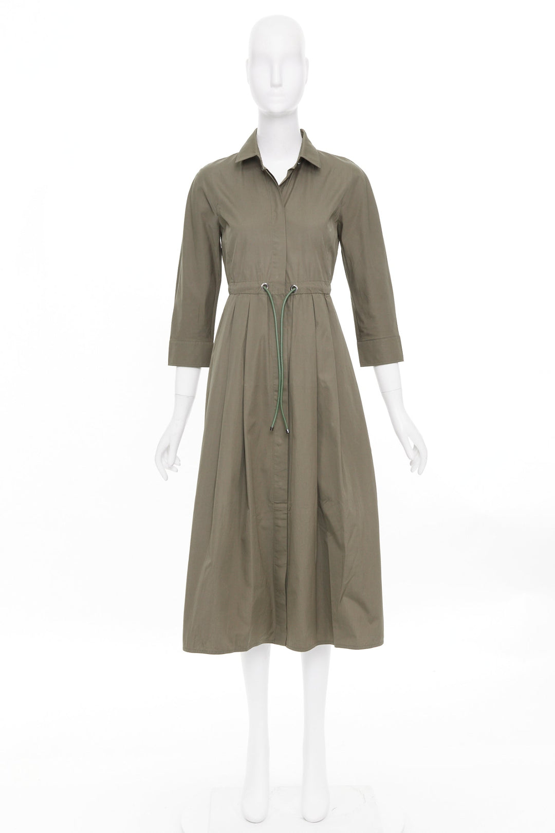 MAX MARA brown cotton poplin drawstring waist utility midi shirt dress IT36 XXS