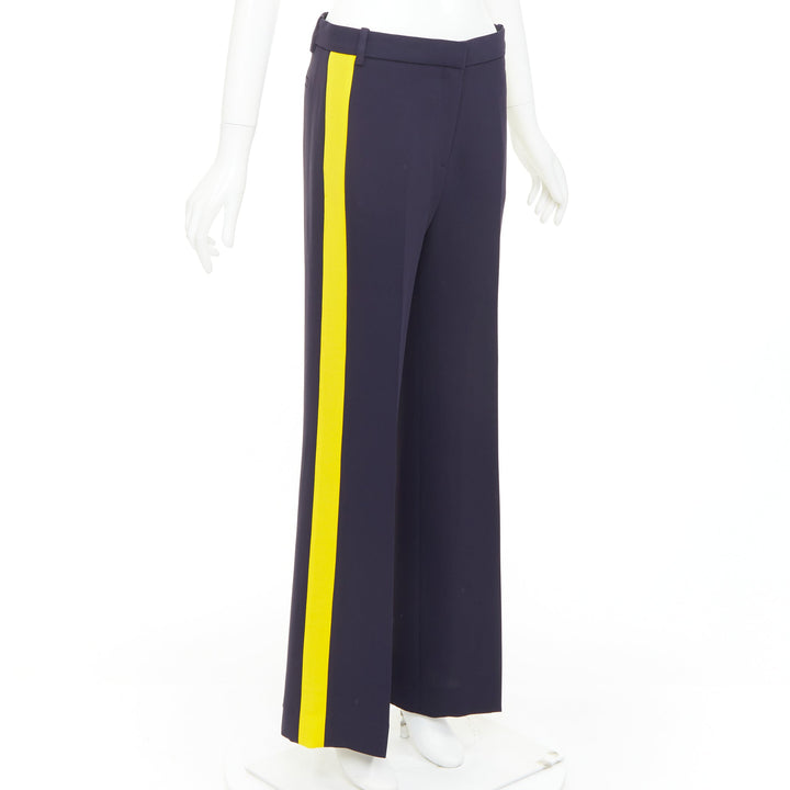 VVB VICTORIA BECKHAM navy yellow silk trimmed high waist wide trousers UK8 S
