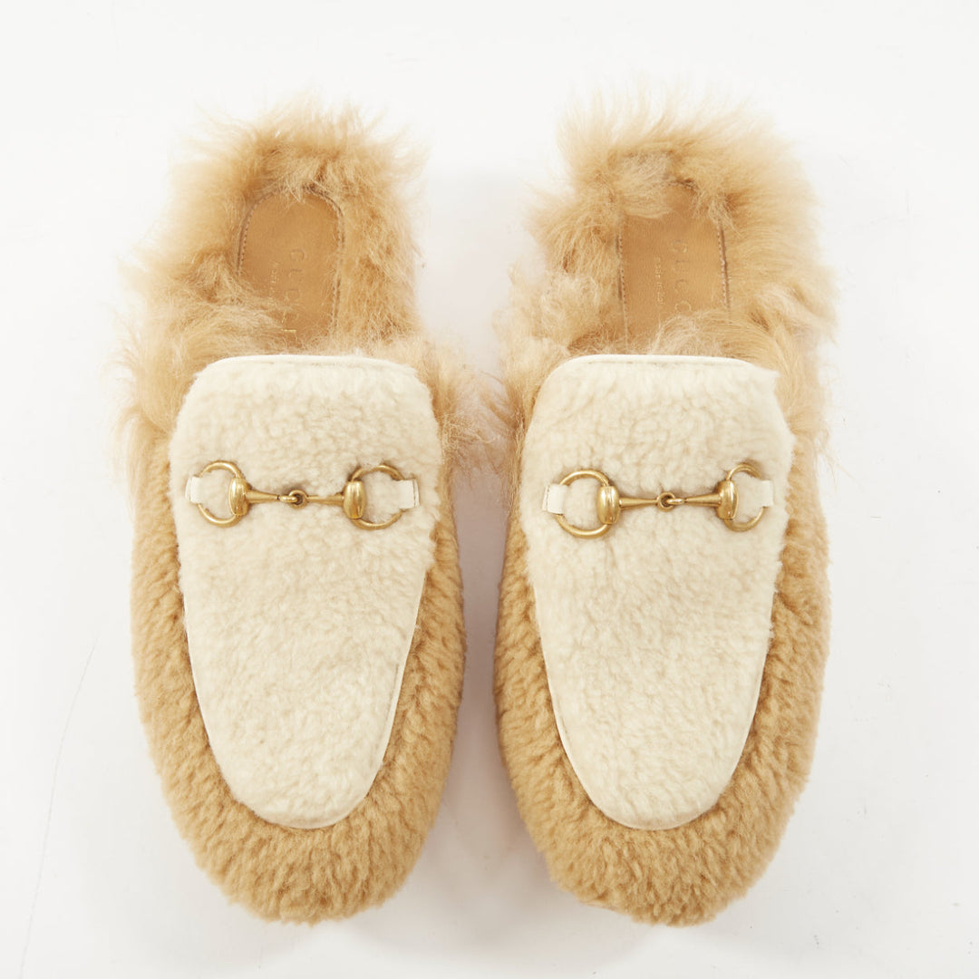 GUCCI Princetown beige shearling horsebit backless loafer mules EU37