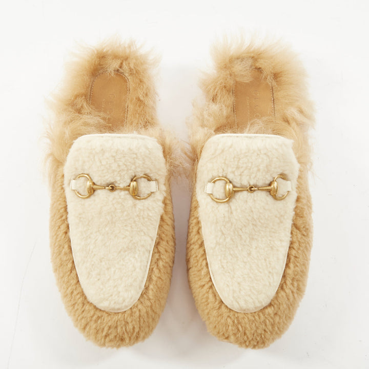 GUCCI Princetown beige shearling horsebit backless loafer mules EU37