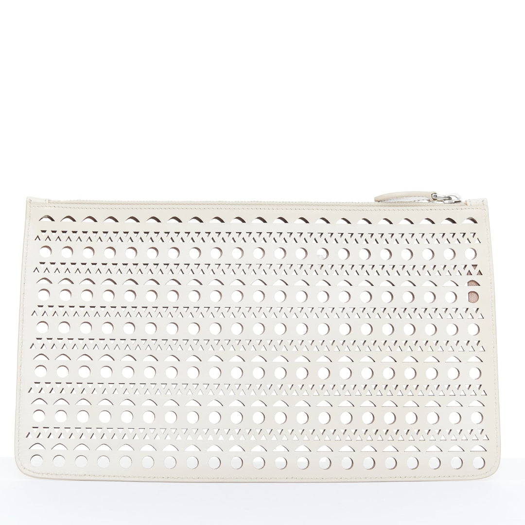ALAIA Vienne laser cut tan beige neutral calfskin flat zip pouch clutch bag