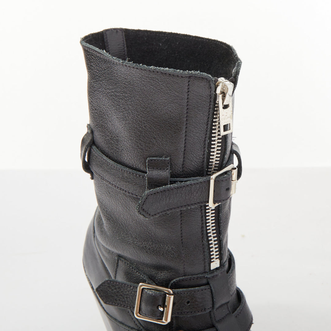 CELINE Phoebe Philo Berlin black leather triple buckle front zip biker boot EU36