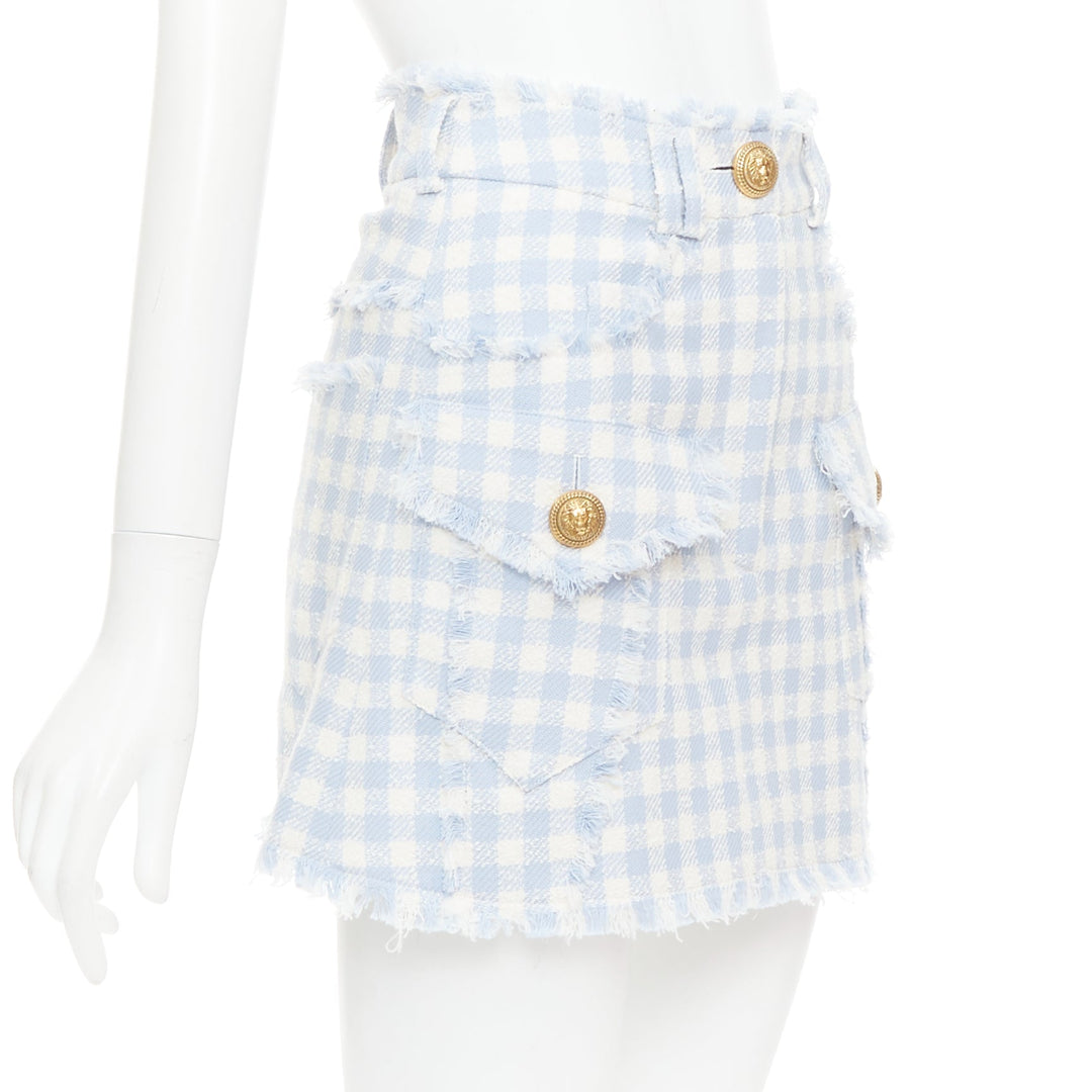 BALMAIN light blue white checked cotton tweed cargo pocket skirt FR34 XS