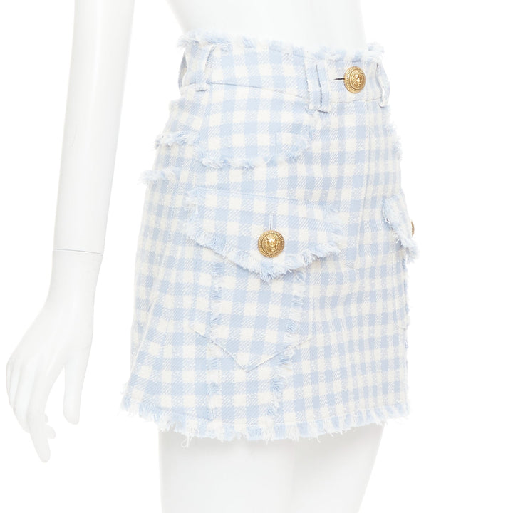 BALMAIN light blue white checked cotton tweed cargo pocket skirt FR34 XS