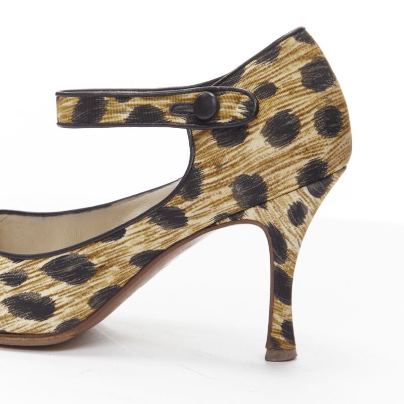 CHRISTIAN DIOR Vintage brown leopard print fabric ankle strap pump EU36.5