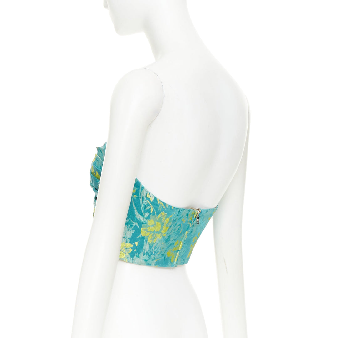 PRADA 2018 green yellow silk floral jacquard ruched corset bandeau top IT38 XS