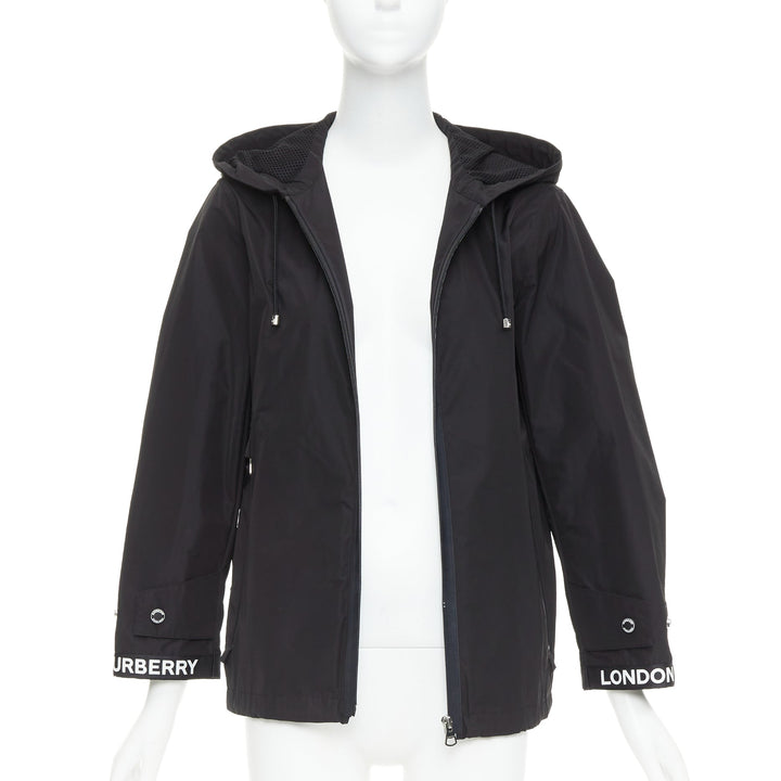 BURBERRY black nylon logo trim hooded windbreaker jacket IT34 XXS