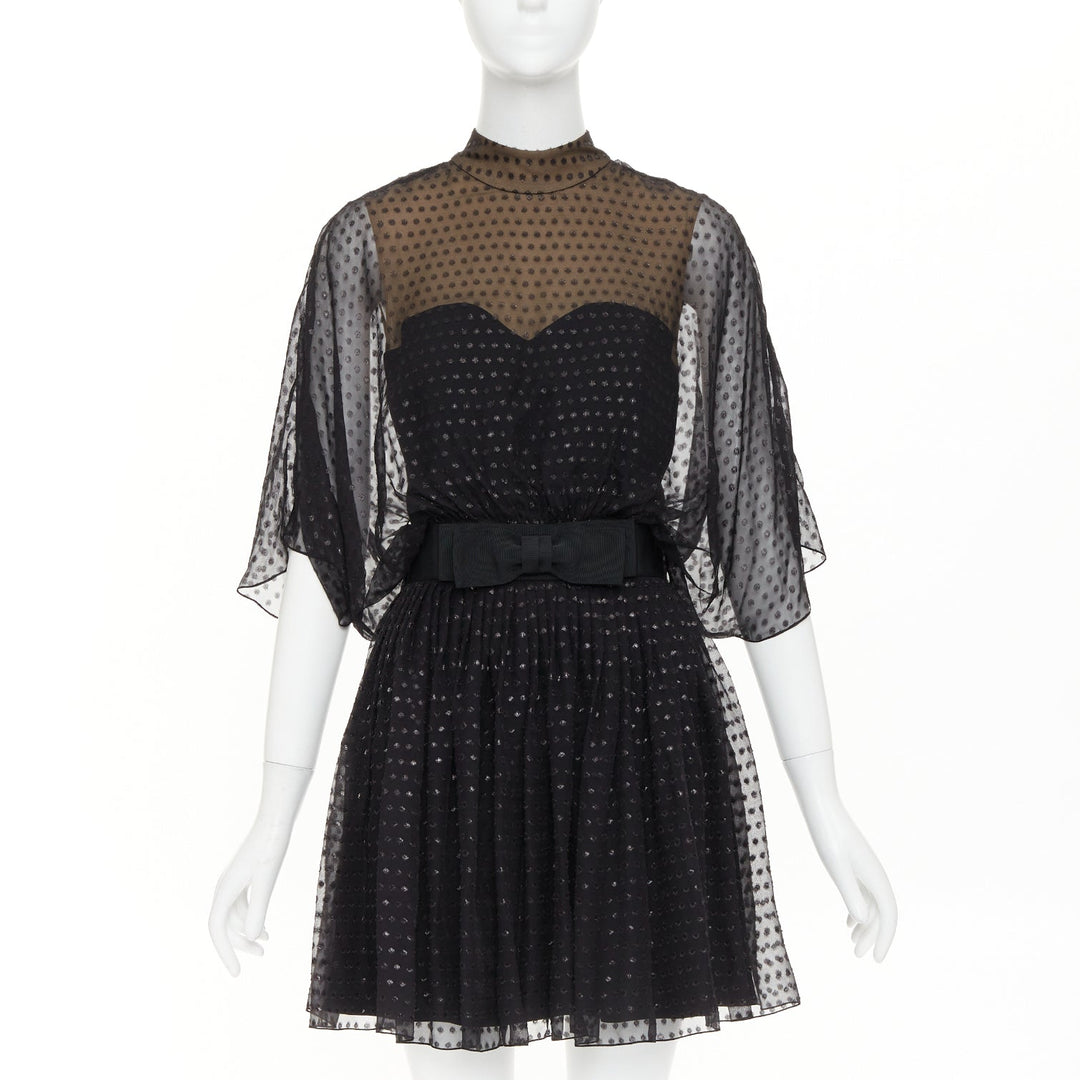 SAINT LAURENT 2014 black polka dot lurex semi sheer bow belt silk dress FR36 XS