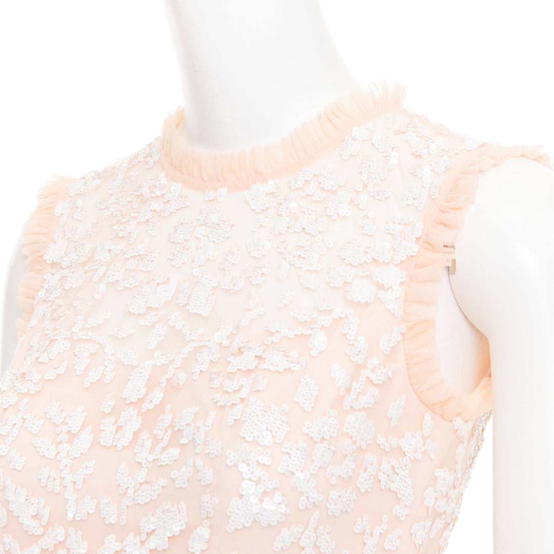 NEEDLE & THREAD Bridal blush pink white sequin ruffle edge midi dress UK8 S