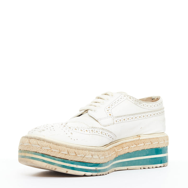 PRADA Wingtip white green leather espadrille wedged brogue oxfords EU35.5