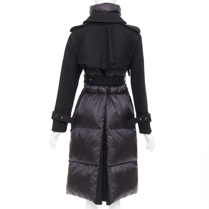 SACAI 2022 Hybrid black melton wool leather trim padded puffer trench coat JP1 S