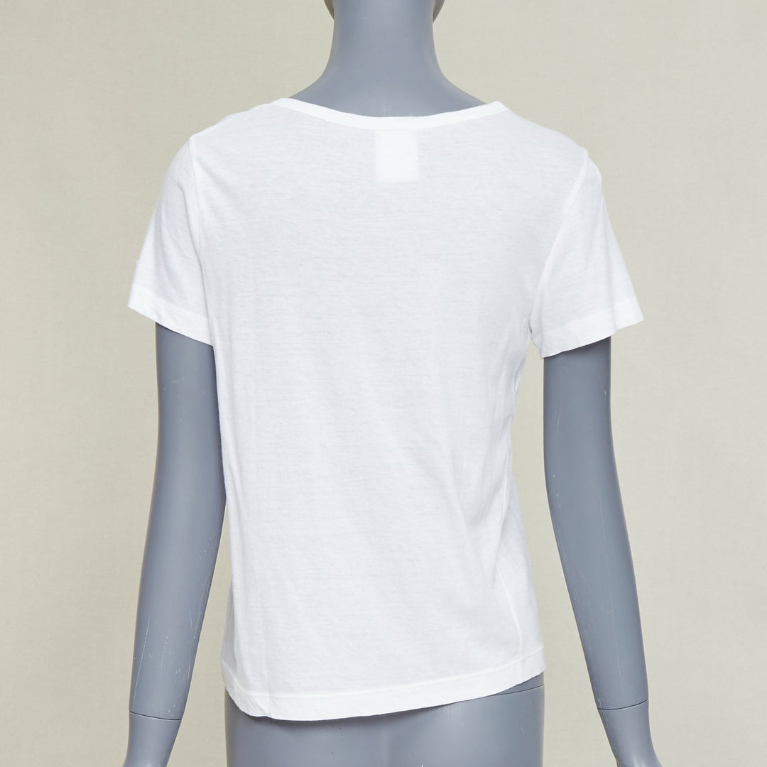 CHANEL 09P white cotton faux pearl ribbon CC logo short sleeve tshirt FR42 XL