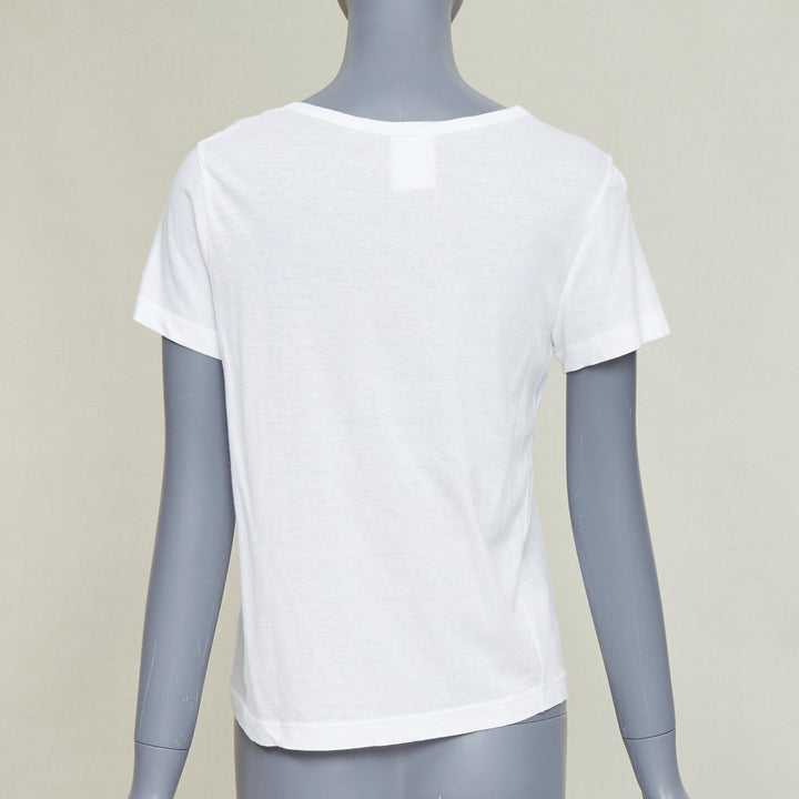 CHANEL 09P white cotton faux pearl ribbon CC logo short sleeve tshirt FR42 XL