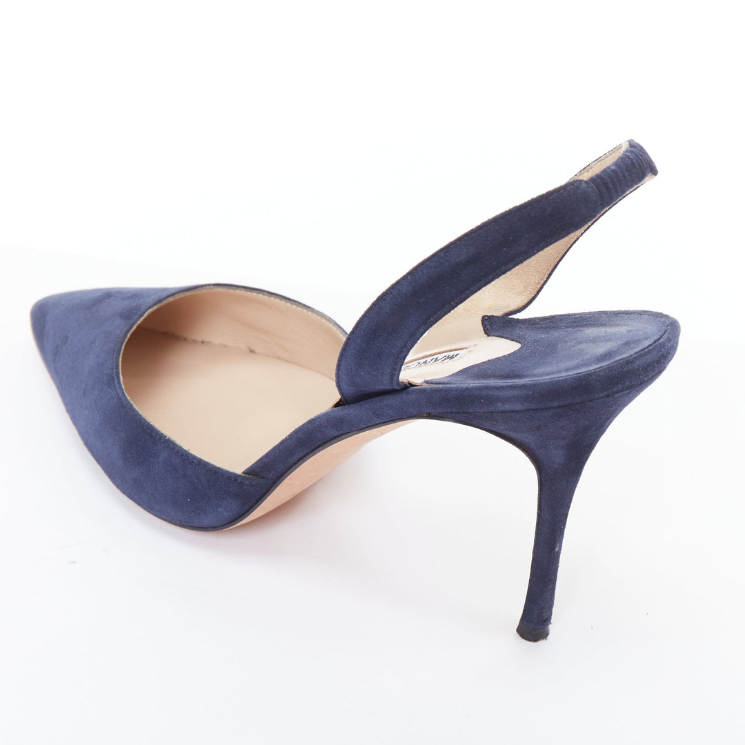 MANOLO BLAHNIK navy suede leather slingback stiletto heels EU39