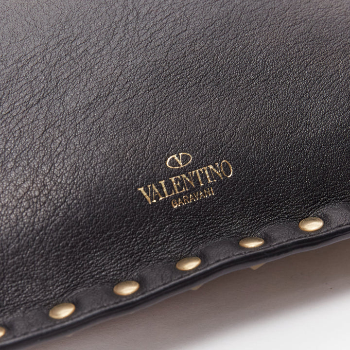 VALENTINO Rockstud black gold round studs logo triangle flat clutch bag