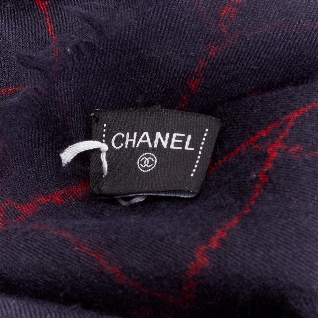 CHANEL black red CC logo diamond quilt print soft warm raw edge scarf