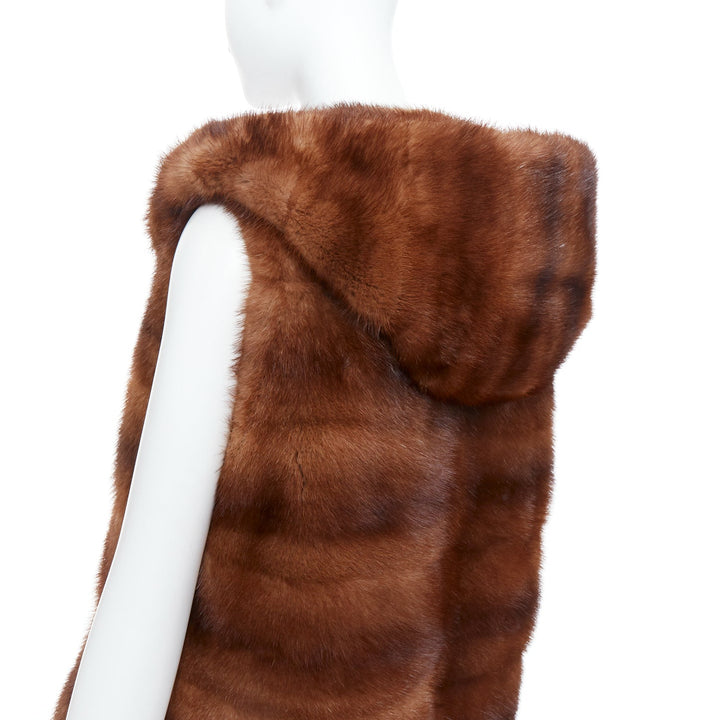 LUCIA PIERI brown real fur hooded patchwork tiered sleeveless vest