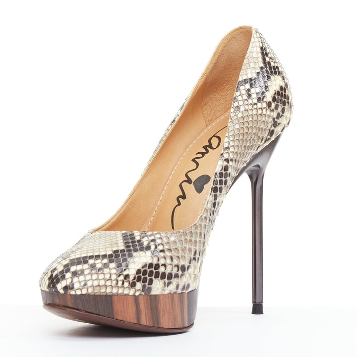 LANVIN 2011 beige scaled leather brown wood platform pumps EU36.5